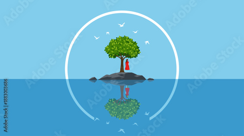 Surreal Vector Illustration of Woman in Red Under a Tree Flat Design Landscape