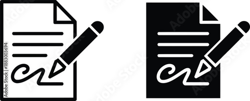 This image displays an outline icon of a document with a distinctive cursive signature and a pencil