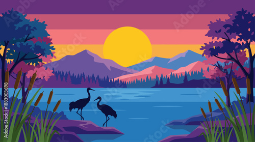 Peaceful Nature Landscape with Birds and Sunset Mountains Flat Design Vector Illustration