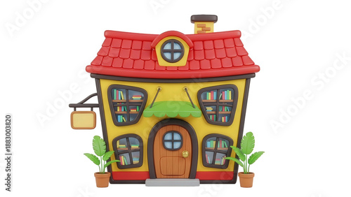Whimsical Cartoon Bookstore Building with Plants