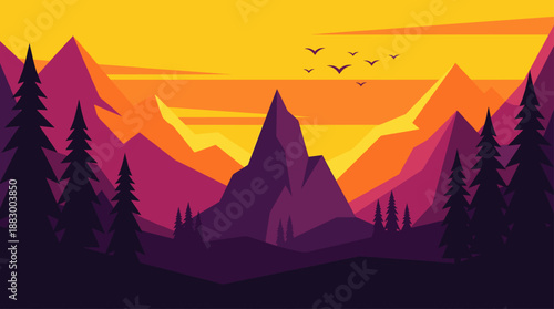 Minimalist Illustration of a Purple Mountain Range Sunset in Flat Design Vector Style