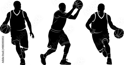 Vector illustration of basketball player icon set with three silhouette poses in dribble, shoot, and run action