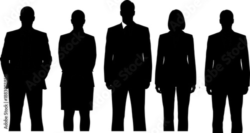 Vector illustration of business team icon with five professional silhouettes in formal attire and corporate stance