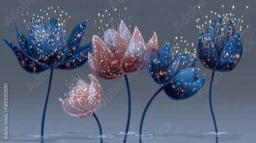 Abstract Glowing Glass Flowers with Light Particles and Elegant Floral Design