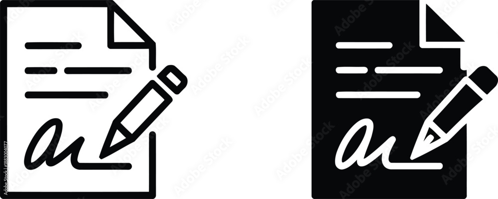 Fototapeta premium This image shows an outline icon of a document with lines and a handwritten signature and a pencil