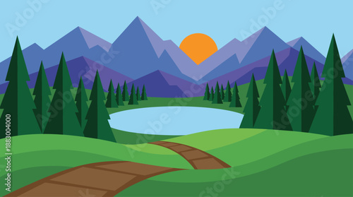 Minimalist Mountain Landscape with Lake and Forest Flat Design Vector Illustration