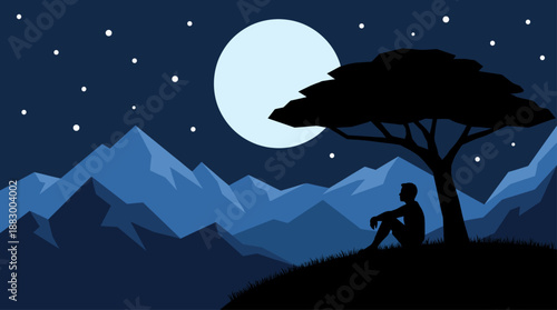Vector Illustration of a Man Sitting Under a Tree Watching the Moon Over Blue Mountains Flat Design