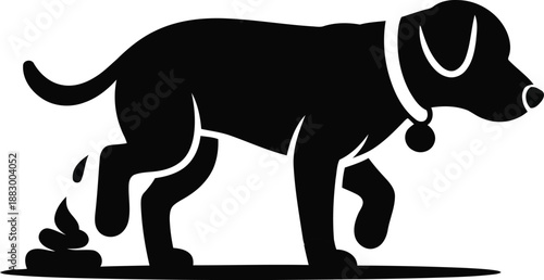 This image shows a walking dog silhouette with a collar and tag leaving a pile of poop behind
