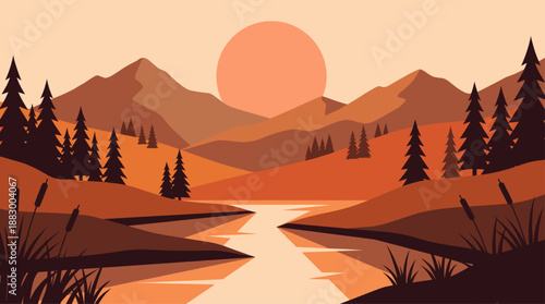 Mountain Landscape Vector Illustration with Sunset and River in Flat Design Style