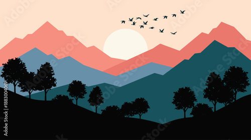 Minimalist Mountain Landscape at Sunset with Trees and Birds Vector Illustration Flat Design