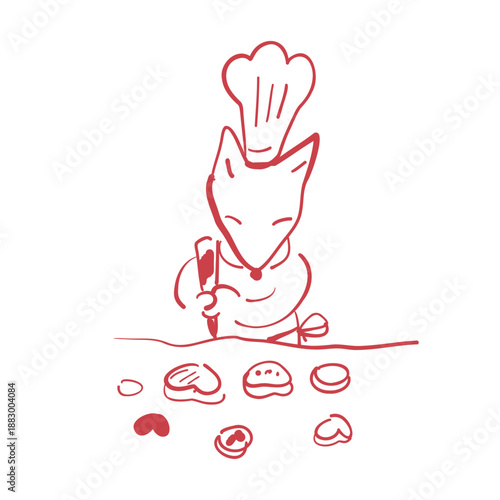 コック帽をかぶってエプロンをし楽しそうにお菓子や料理を作っているかわいいキツネの手書きイラスト