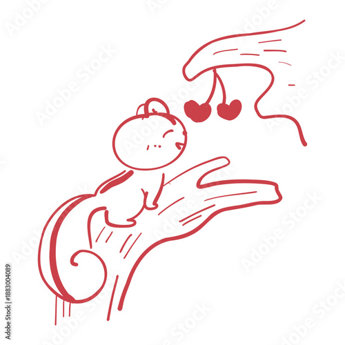 木の枝に乗って美味しそうにさくらんぼを食べているかわいいリスの手書きイラスト