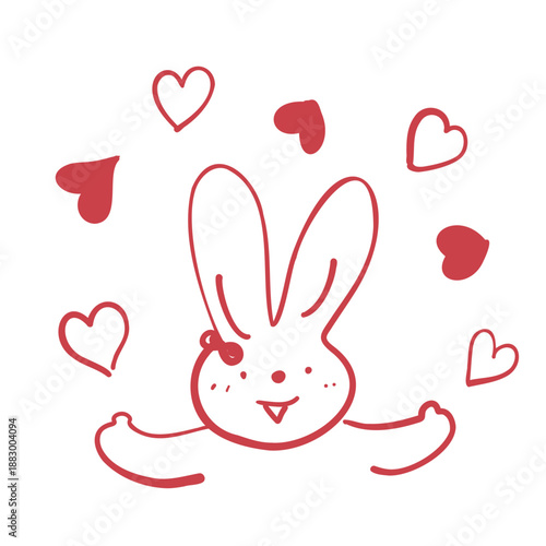 たくさんのハートに囲まれて両手を広げて喜んでいる幸せそうなかわいいウサギの手書きイラスト