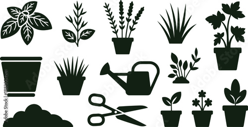 This visual presents a selection of dark green plant silhouettes and essential gardening items on a clean white background