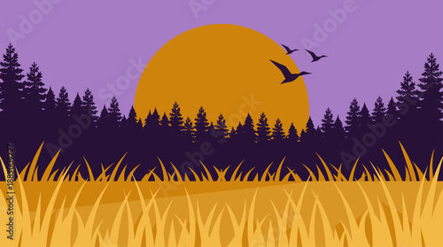 Sunset Forest Landscape Vector Illustration in Flat Design with Birds and Grass