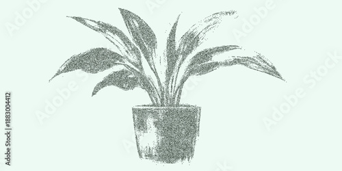 Potted plant with fine grain texture, speckled dust overlays and faint worn marks on aged paper surface with visible distress details.