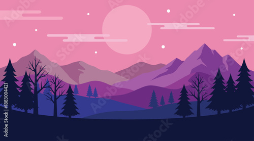 Flat Design Vector Illustration of a Minimalist Mountain Landscape at Night with Pink Sky