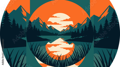 Serene Mountain Lake Sunrise Vector Illustration with Flat Design Minimalist Graphics