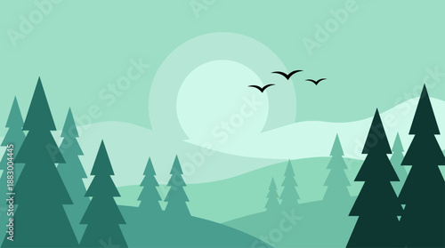 Minimalist Vector Illustration of a Serene Forest Landscape in Green Flat Design
