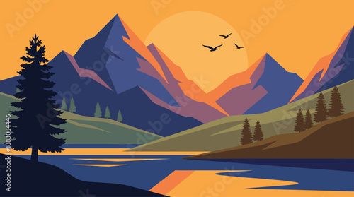 Peaceful Mountain Landscape with Lake and Pine Trees Vector Illustration in Minimalist Flat Design