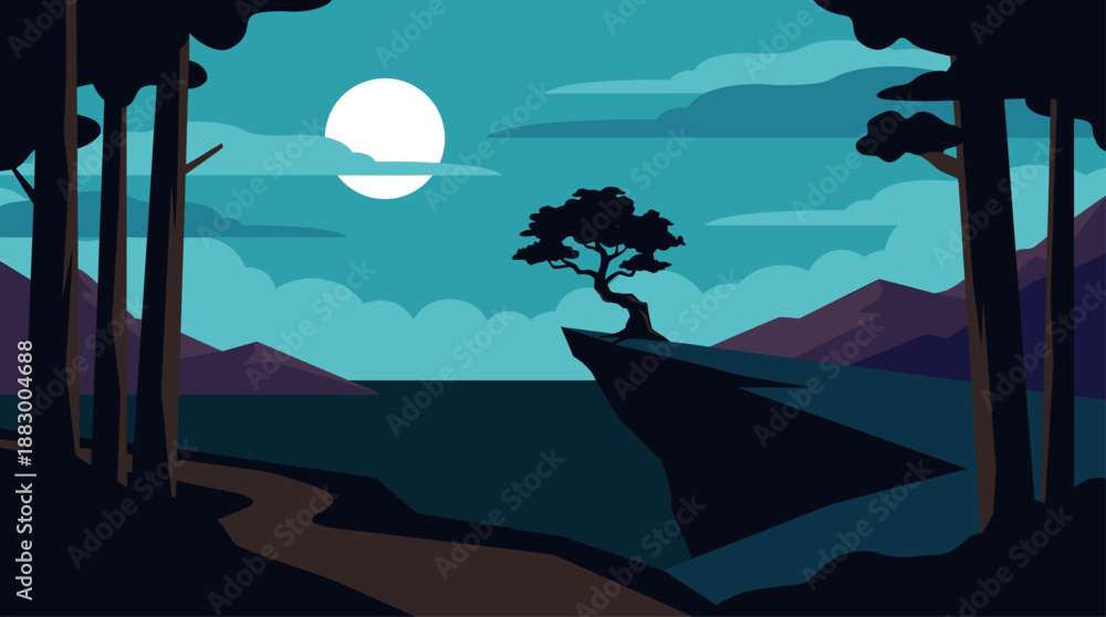 Fototapeta premium Vector Illustration of a Moonlit Night Landscape with Cliff Tree and Flat Design Mountains