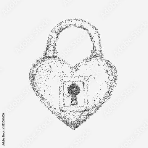 Pencil drawing of a heart shaped lock with subtle grain, light dust speckles, soft shading, faint smudges and textured aged paper background.