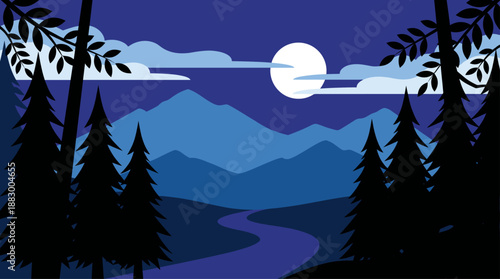 Minimalist Night Landscape Vector Illustration with Full Moon Pine Forest and Mountains Flat Design