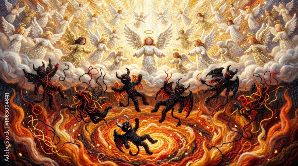 Fototapeta premium Angel and devil knitted figures in heaven and hell scene for biblical story, Christian theme, or Halloween kids educational material.