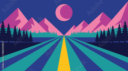Minimalist Vector Illustration of a Night Mountain Road with a Pink Moon and Flat Design