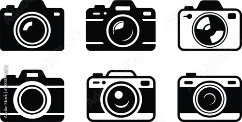 Various black and white camera symbols are arranged neatly, showcasing different photographic device outlines