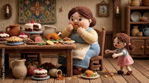 Woman glUTTONOUSLY eating many dishes at a table while a child watches her. Gluttony as a deadly sin concept for childrens biblical stories.