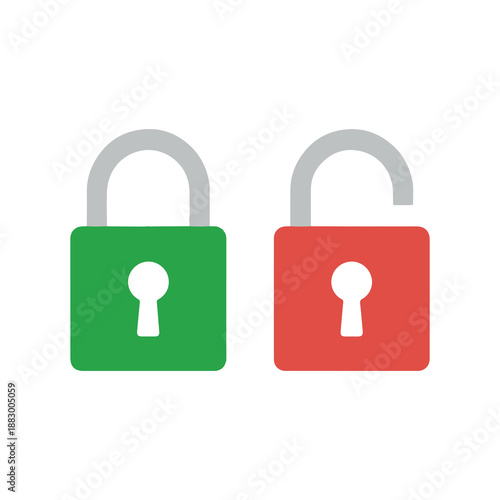 Green and red padlocks illustration symbolizing security and access control with contrasting locked and unlocked states isolated on a white background
