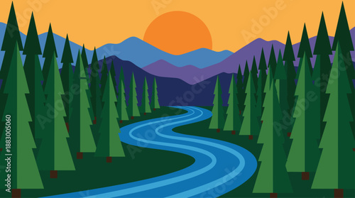 Minimalist Illustration of Winding River in Forest with Mountain Landscape Vector Illustration