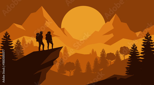 Minimalist Illustration of Couple Hiking in Mountain Forest Flat Design Vector
