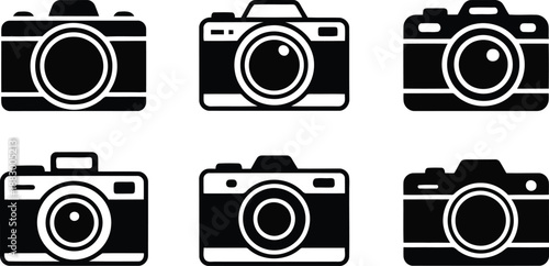 Various simple black and white camera illustrations are displayed in a clean grid formation