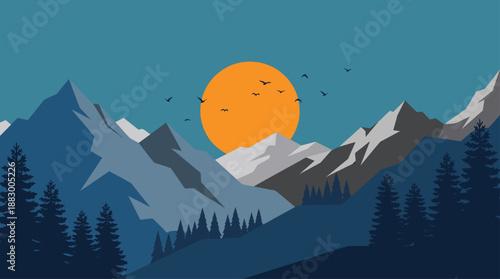 Flat Design Vector Illustration of Mountain Landscape with Orange Sun and Pine Trees