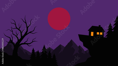 Minimalist Vector Illustration of a House on a Cliff Under a Large Red Moon at Night