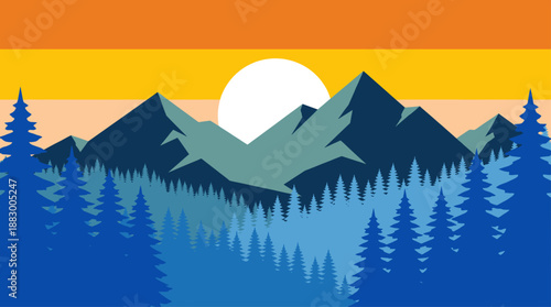 Minimalist Vector Illustration of a Mountain Range Forest at Sunset in Flat Design Style