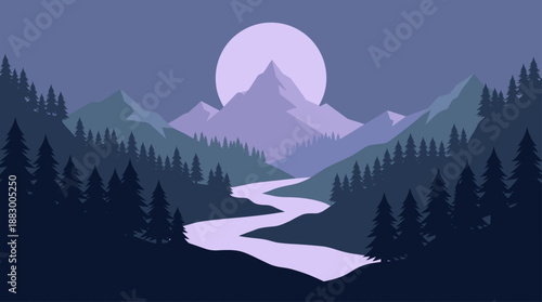 Minimalist Mountain Landscape Flat Design Vector Illustration with River and Pine Forest