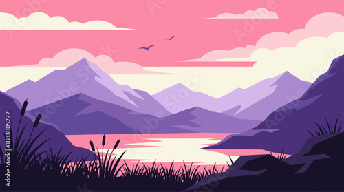 Minimalist Illustration of Purple Mountains and Pink Lake Landscape in Flat Design Vector