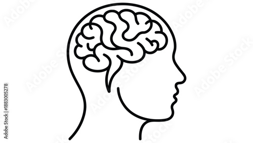 Minimal human head profile with brain line illustration representing mental health, psychology, neuroscience and thinking concept
