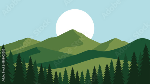 Minimalist Vector Illustration of Mountain Landscape with Evergreen Forest and Sun in Flat Design
