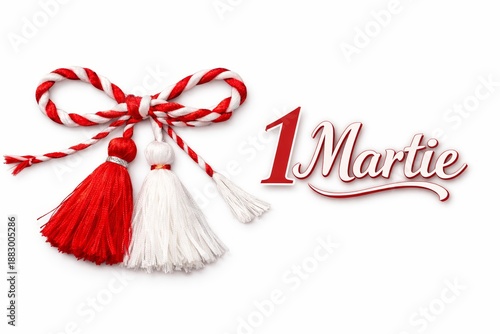 traditional romanian martisor decoration with red and white string bow and tassels celebrating spring