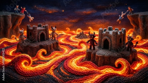 Knitted hell scene with devil figures and souls falling into a lava river. Biblical Christian story for child, representation of eternal punishment concept.