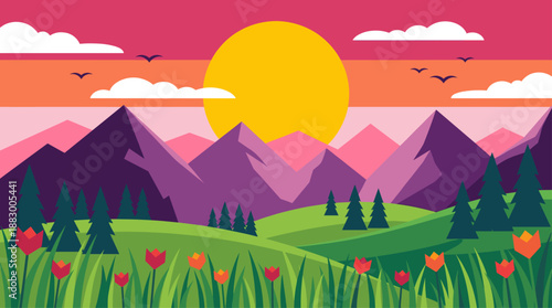 Vector Illustration of a Sunset Mountain Landscape with Pine Trees and Green Meadows in Flat Design