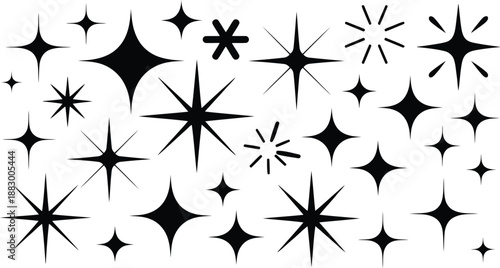 Various sparkling black star shapes and twinkle marks arranged randomly on a crisp white backdrop