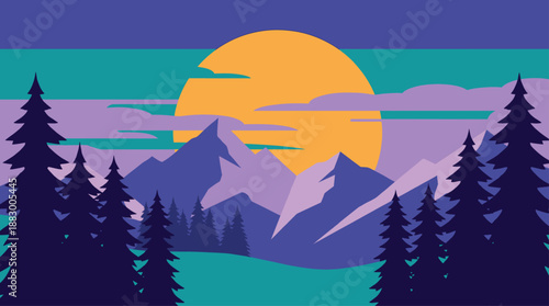 Vector Illustration of a Flat Design Mountain Landscape with Evergreen Trees and a Large Yellow Sun