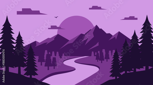 Minimalist Illustration of a Mountain Range with a Winding River and Sun Vector Flat Design