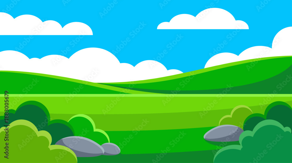 Fototapeta premium Flat Design Vector Illustration of a Bright Green Landscape with Rolling Hills and Blue Sky