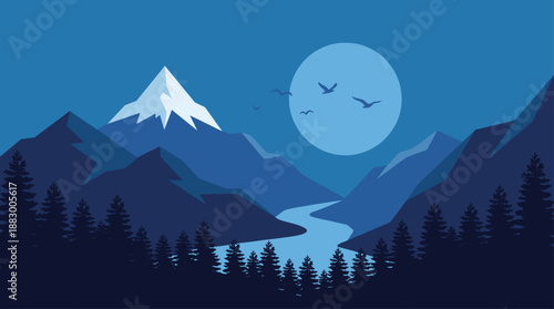 Flat Design Vector Illustration of a Night Mountain Landscape with Moon River and Forest